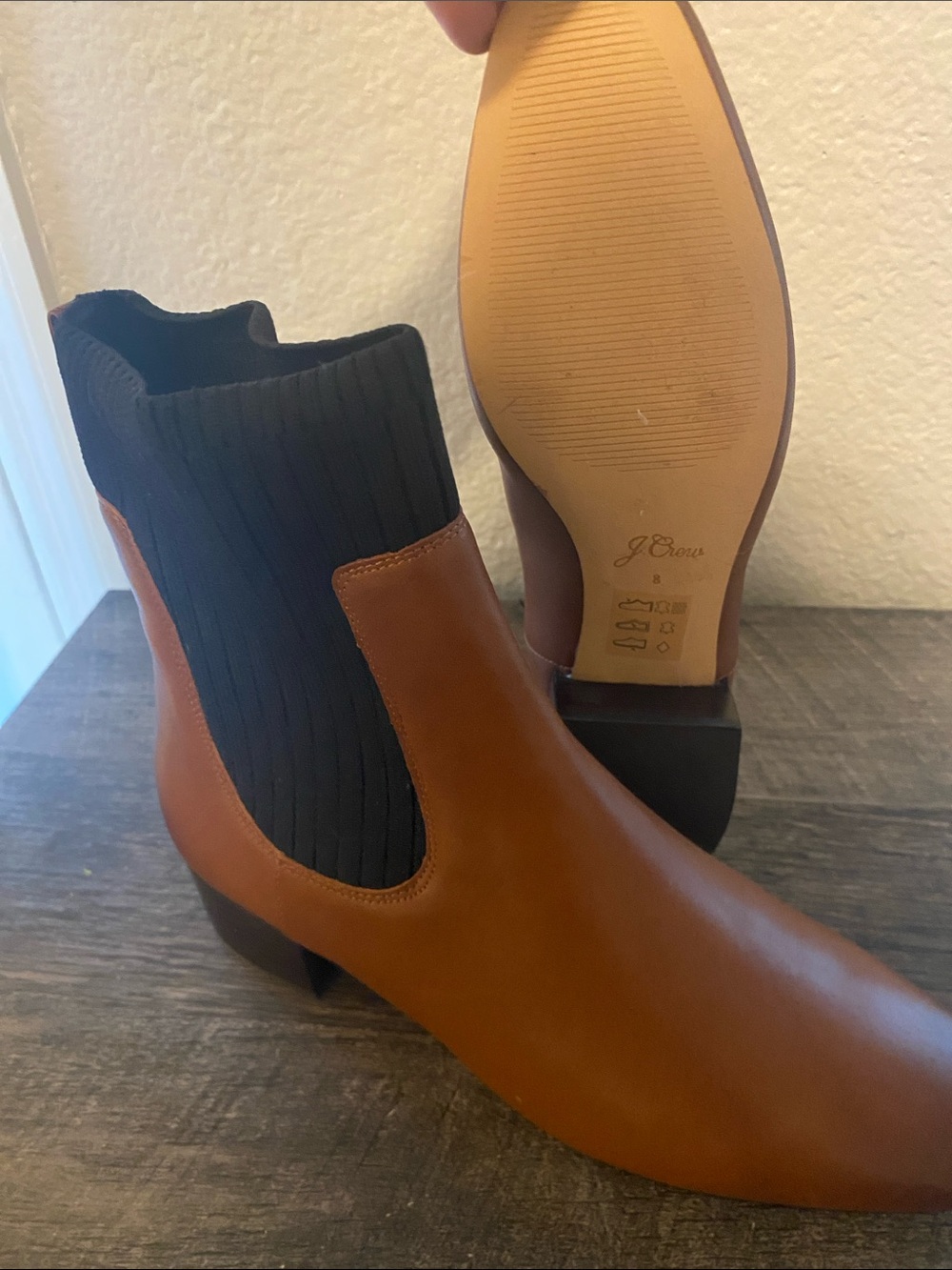 J. Crew Tan Leather Chelsea Boot with Black Knit Ankle